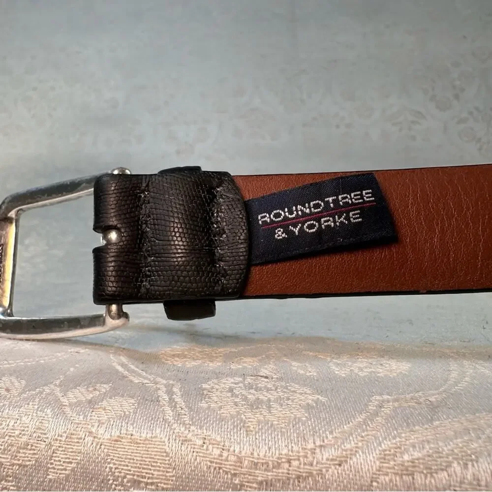 Roundtree & Yorke Black Crocodile-Embossed Italian Calfskin Solid Brass Belt